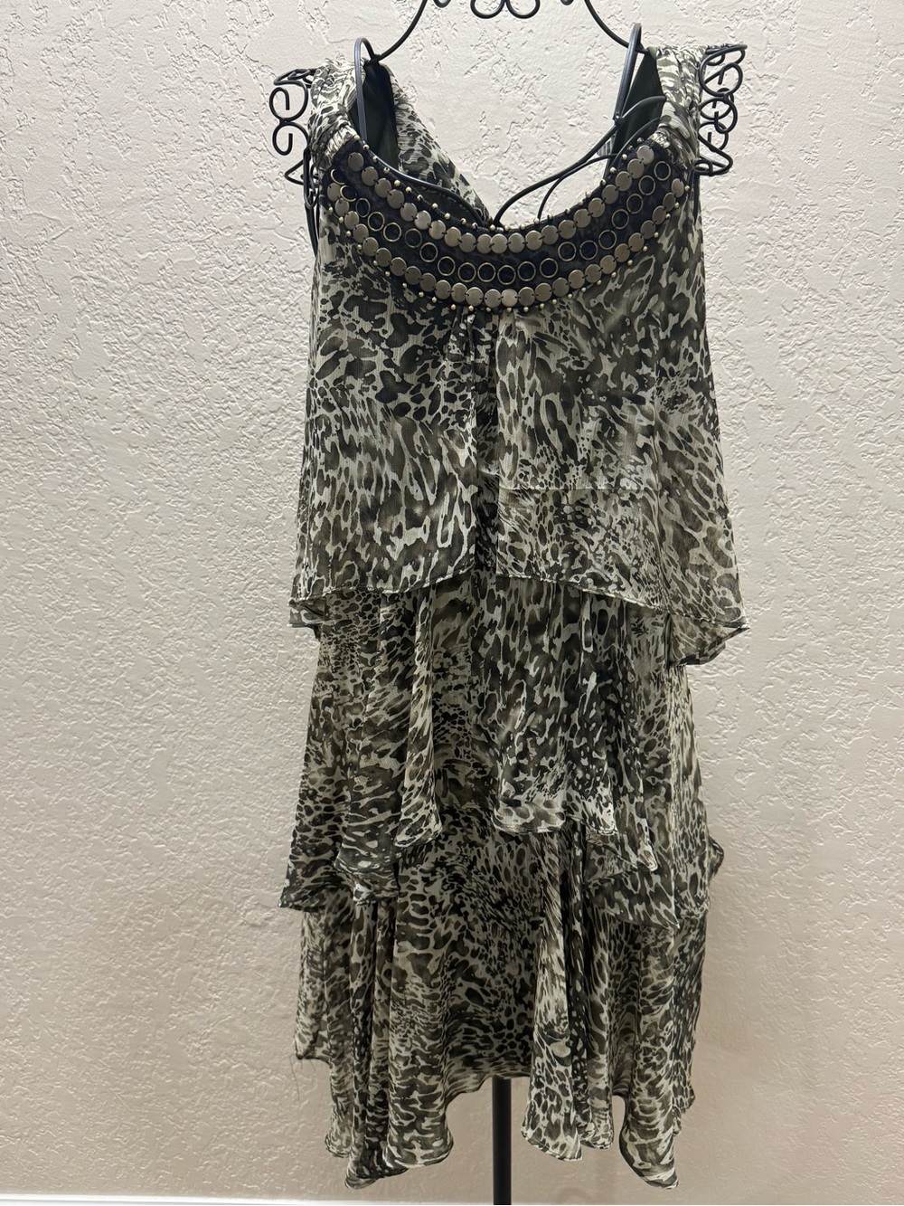Beaded Neckline Tiered High-Low Dress in Olive and Black